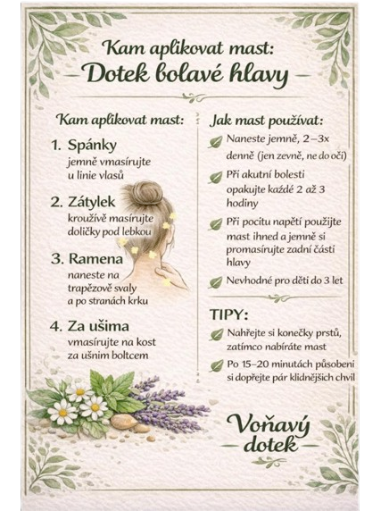 Diagram ukazující místa pro aplikaci masťky – spánky, šíje a zápěstí